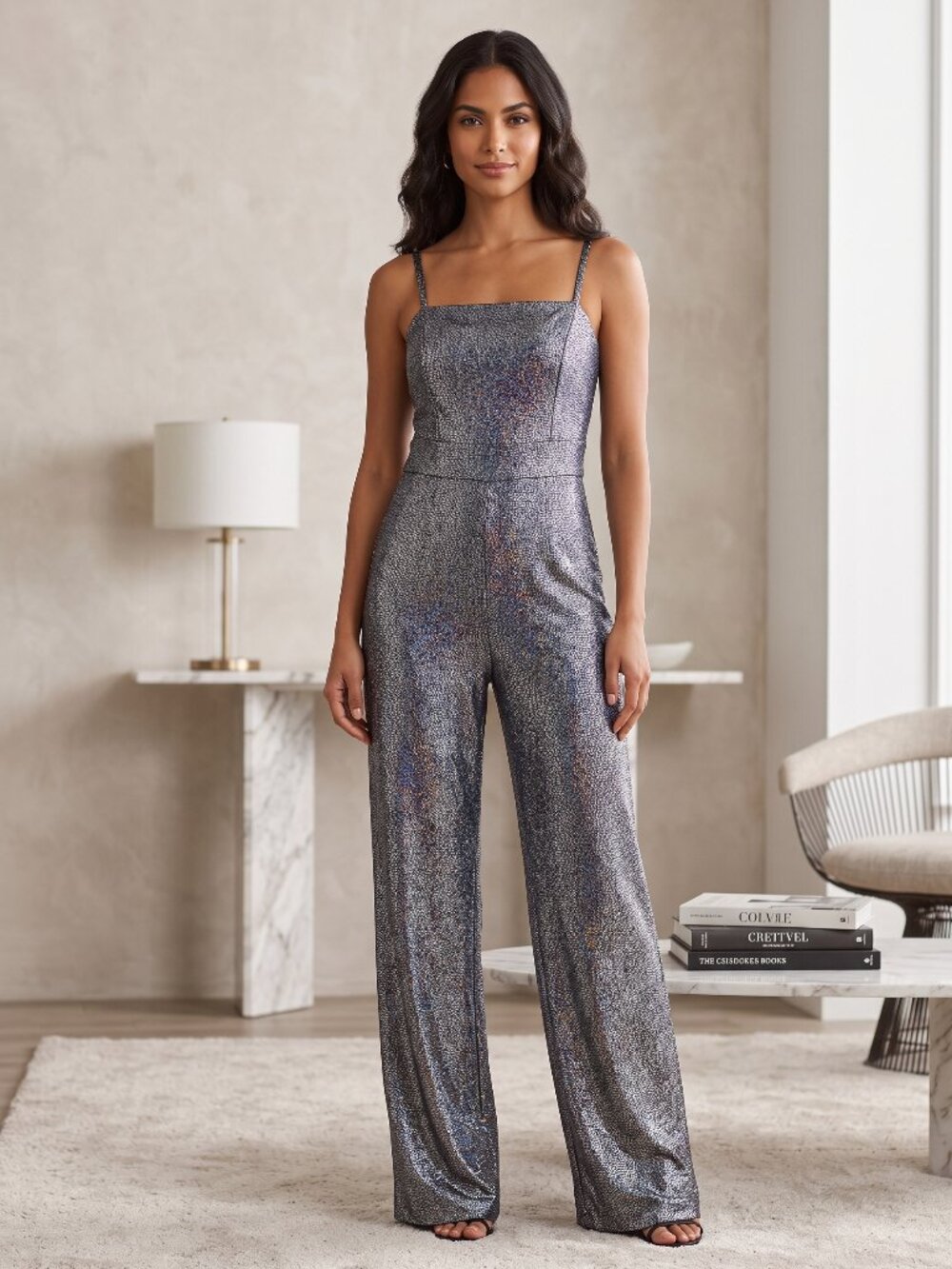 Rachel Roy Gunmetal Silver Metallic Shimmer Strappy Jumpsuit M